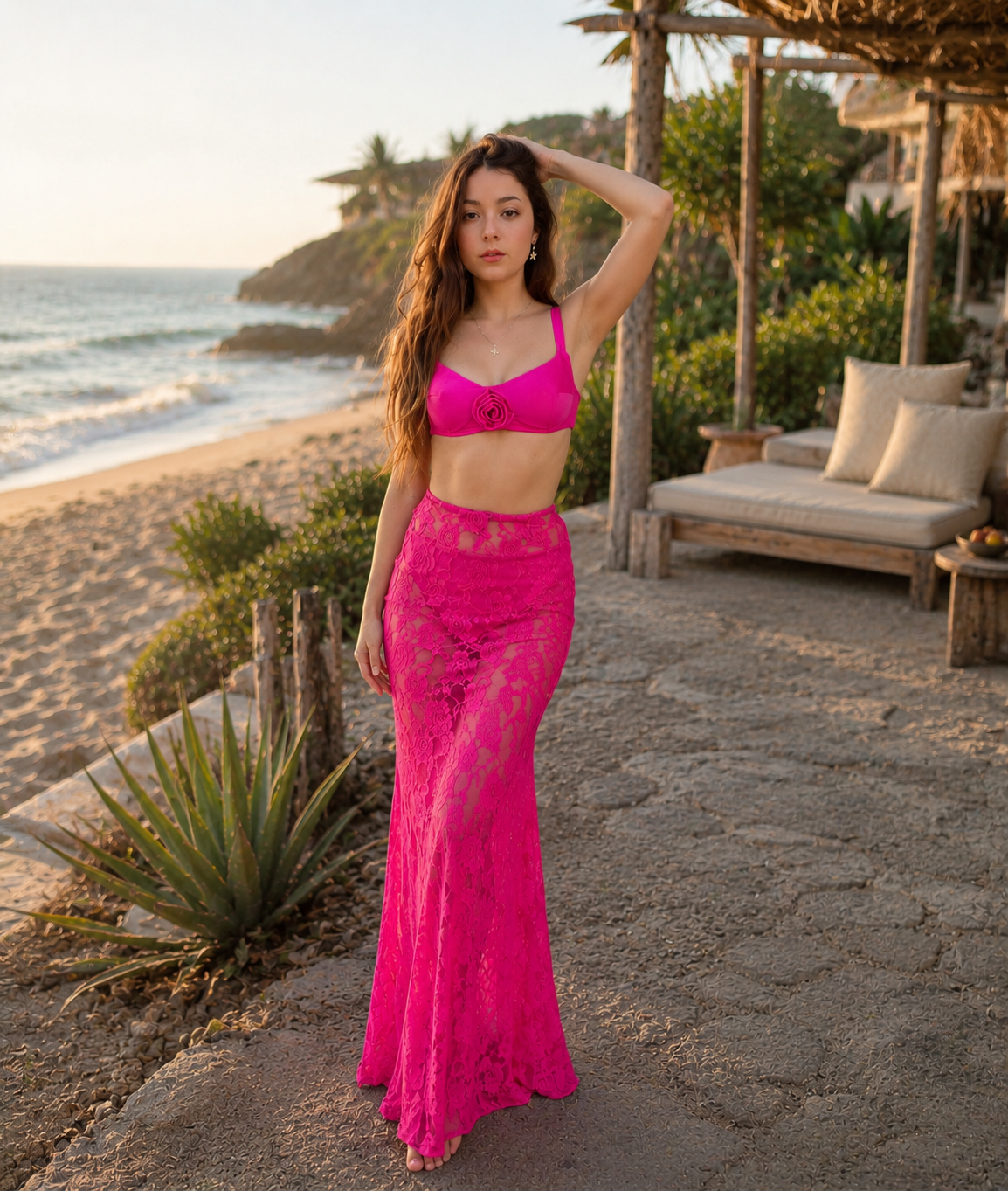 Falda Larga de Encaje Fucsia
